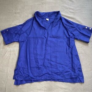 Lintico Sierra 100% Linen Blouse Large Womens Royal Blue Popover Resort Beach